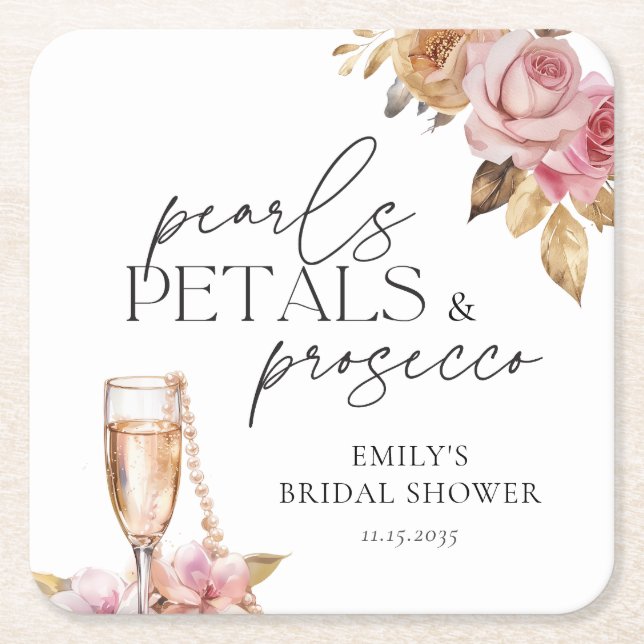 Pärlor Kronblad & Prosecco Blommig Bröllopsdusch Underlägg Papper Kvadrat (Framsidan)