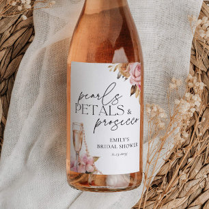Pärlor Kronblad & Prosecco Blomster Bröllopsdusch Vinflaska Etikett