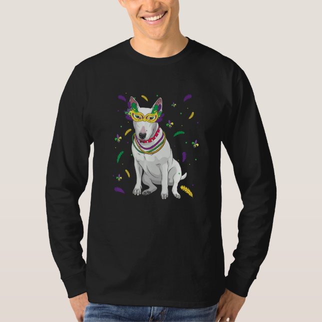 Pärlor & Mask Bull Terrier Mardi Gras Hund Pappa T Shirt (Framsida)