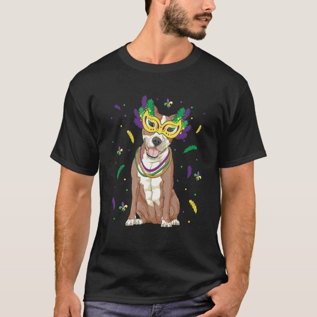 Pärlor & Mask Pitbull Mardi Gras Pit Bull Hund Mam T Shirt (Framsida)