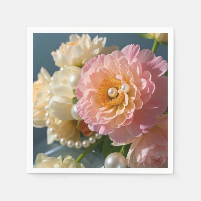 Pärlor med rosa blommor pappersservett (Framsidan)
