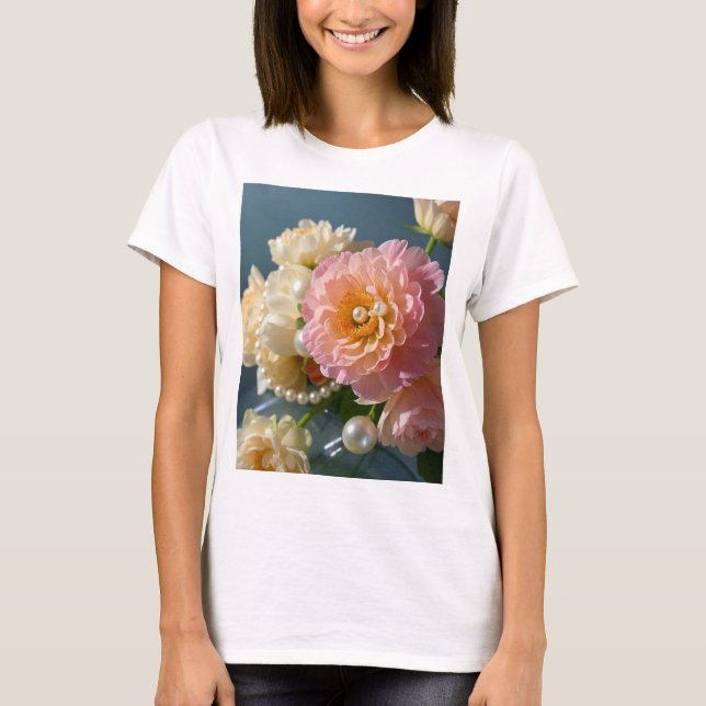 Pärlor med rosa blommor t shirt (Framsida)