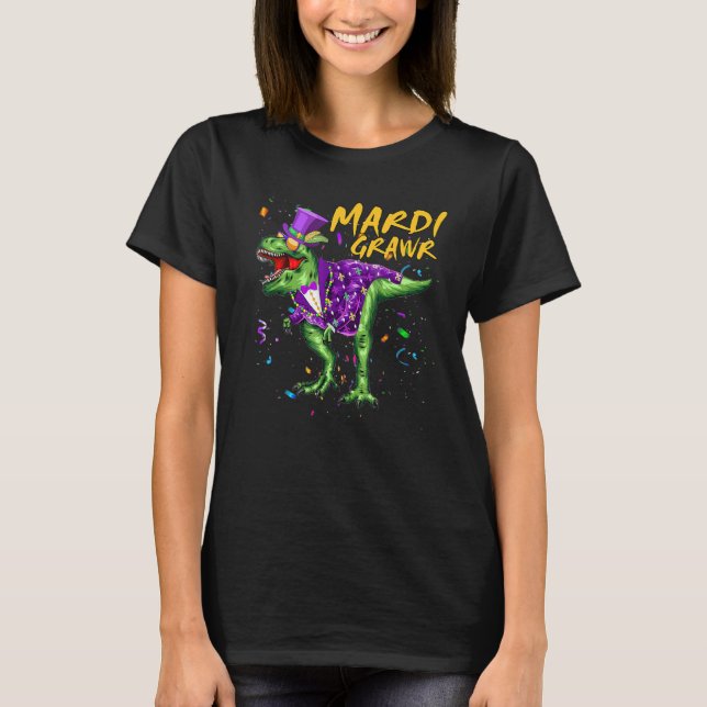 Pärlor och bling t Rex Dinosaur Mardi Gras Costume Shirt (Framsida)