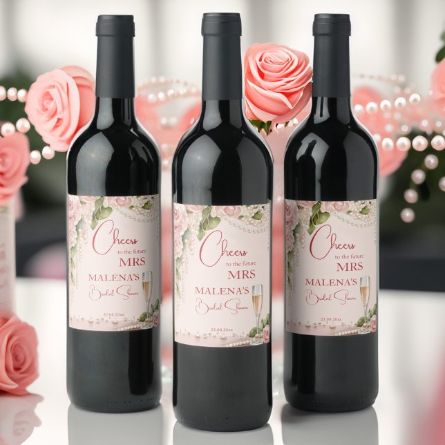 Pärlor och möhippa till åklagare vinflaska etikett (Pearls and prosecco bridal shower favors personalized printed wine label template blush pink roses)