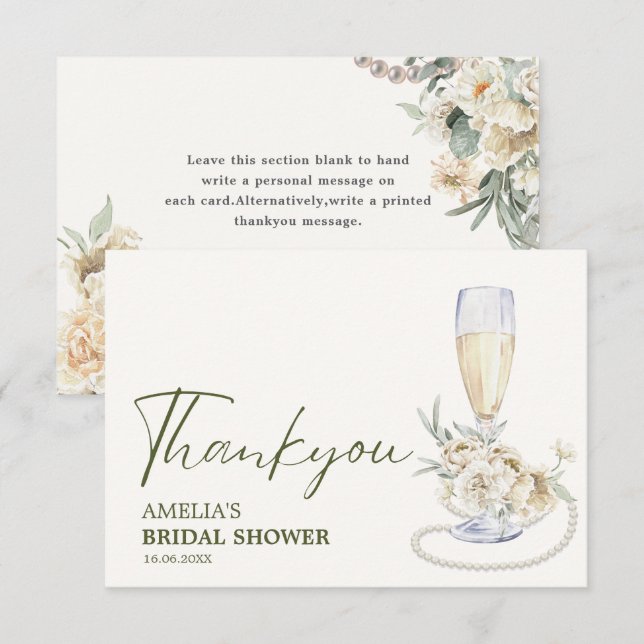 Pärlor och prosecco Blommig bröllopsdusch Tack Kort (Fram/baksida)