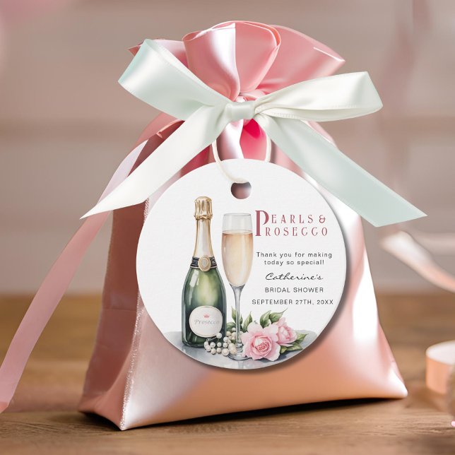 Pärlor och Prosecco Blommig Elegant Bröllopsfest Gåvor Etiketter (Front view pearls and prosecco bridal shower romantic pink fairytale elegant favor tag)