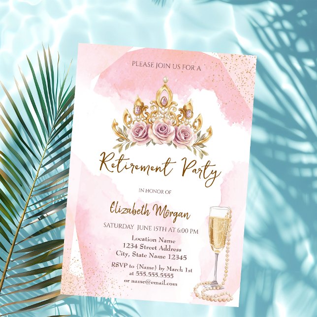 Pärlor och Prosecco Blommig Krona Pensionering  Inbjudningar (Skapare uppladdad)
