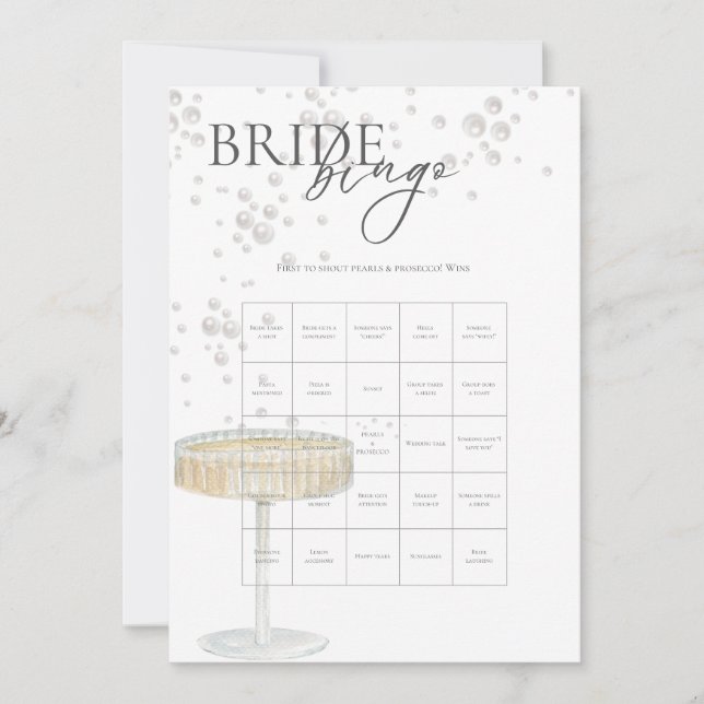 Pärlor och Prosecco Bröllopsbingo Inbjudningar (Framsida)