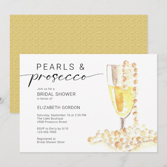 Pärlor och Prosecco Bröllopsdusch Anpassad Minimal Inbjudningar (Fram/baksida)