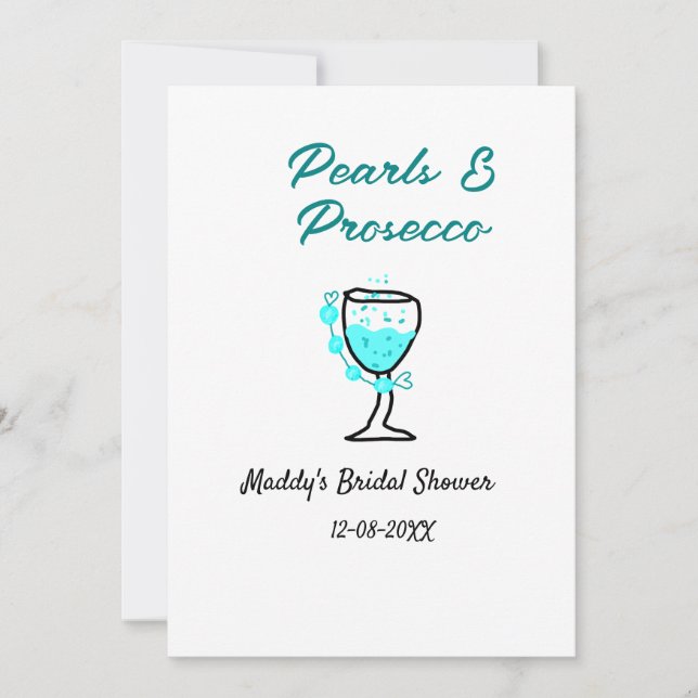 Pärlor och prosecco bröllopsdusch blå svart namn  inbjudningar (Framsida)