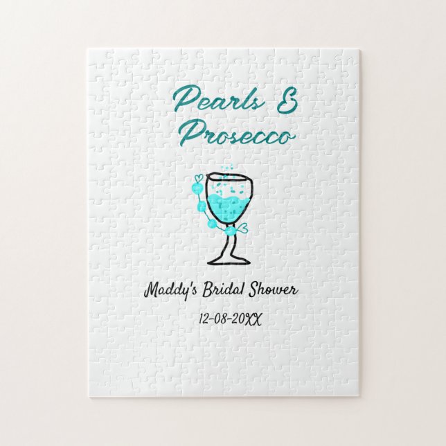 Pärlor och prosecco bröllopsdusch blå svart namn  pussel (Vertikal)