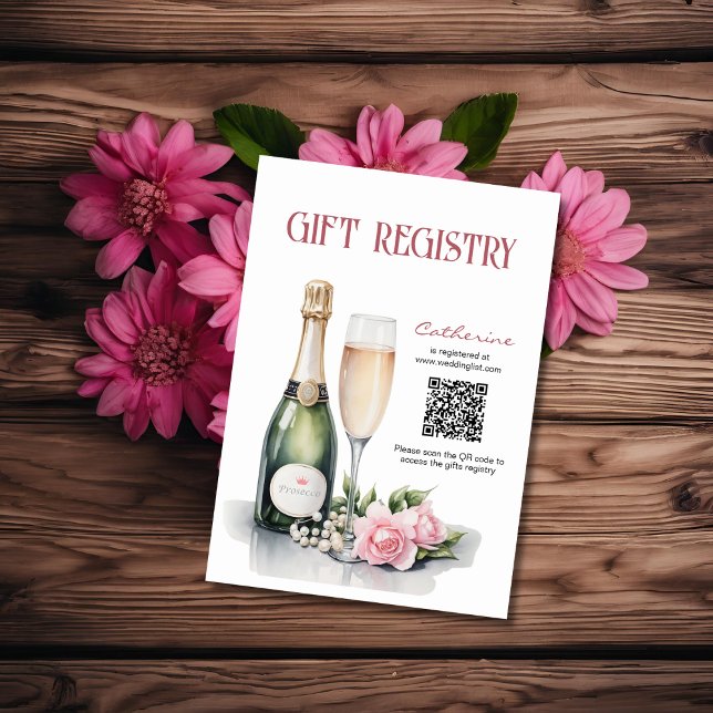Pärlor och Prosecco Bröllopsdusch Gåvoregister Tilläggskort (Angled view pearls and prosecco bridal shower brunch and bubbly gift registry enclosure card)
