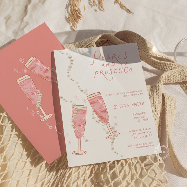 Pärlor och Prosecco Bröllopsdusch Rosa Inbjudan (Pearls and Prosecco Bridal Shower Pink Invite)