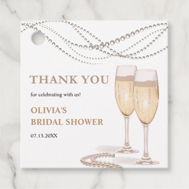 Pärlor och Prosecco Bröllopsdusch Tack  Gåvor Etiketter (Framsida)