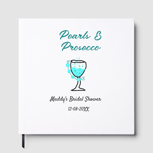 Pärlor och prosecco bröllopsfest blå svart namn  gästböcker (Framsida)