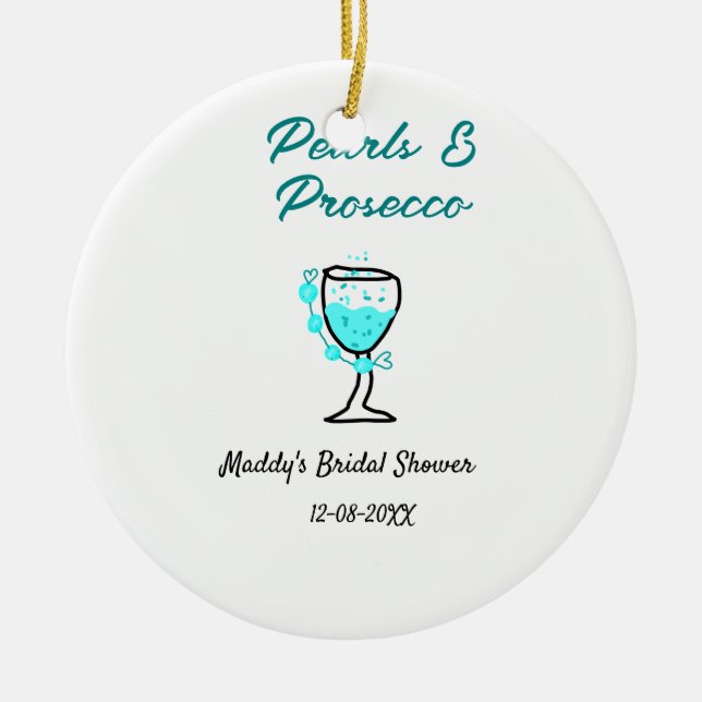 Pärlor och prosecco bröllopsfest blå svart namn  julgransprydnad keramik (Framsidan)