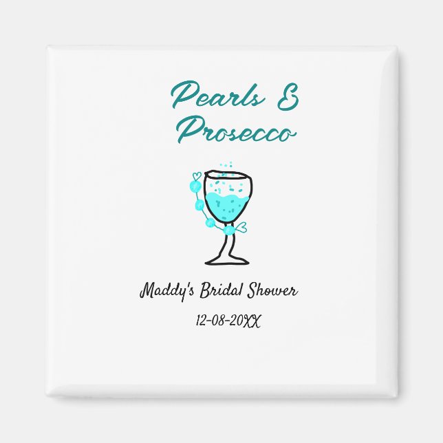 Pärlor och prosecco bröllopsfest blå svart namn  magnet (Framsidan)