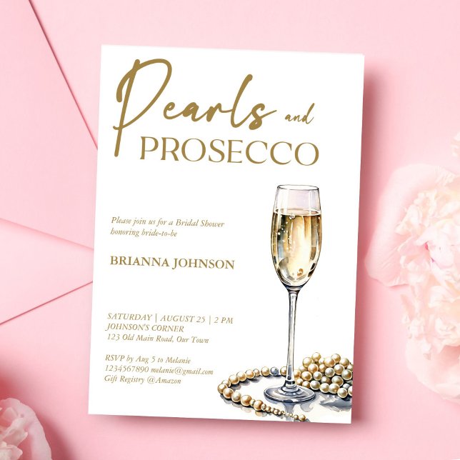 Pärlor och prosecco bröllopsfest elegant inbjudningar (Pearls and prosecco bridal shower elegant invitation editable template instant digital download)