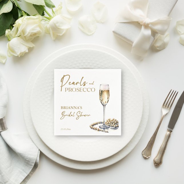 Pärlor och prosecco bröllopsfest elegant tryckt pappersservett (Pearls and prosecco bridal shower elegant monogram printed napkins template personalized tableware)