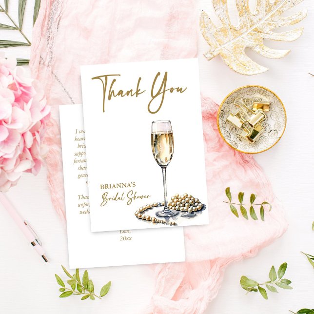Pärlor och prosecco bröllopsfest elegant tryckt tack kort (Pearls and prosecco bridal shower elegant thank you cards watercolor champagne glass and pearls)