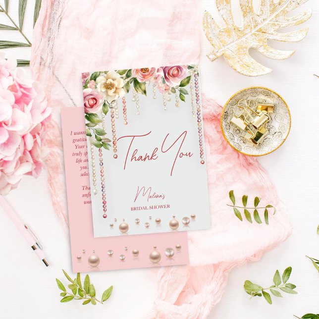 Pärlor och prosecco bröllopsfest eleganta tack kort (Pearls and prosecco bridal shower elegant thank you card blush pink roses and pearls thank you card)