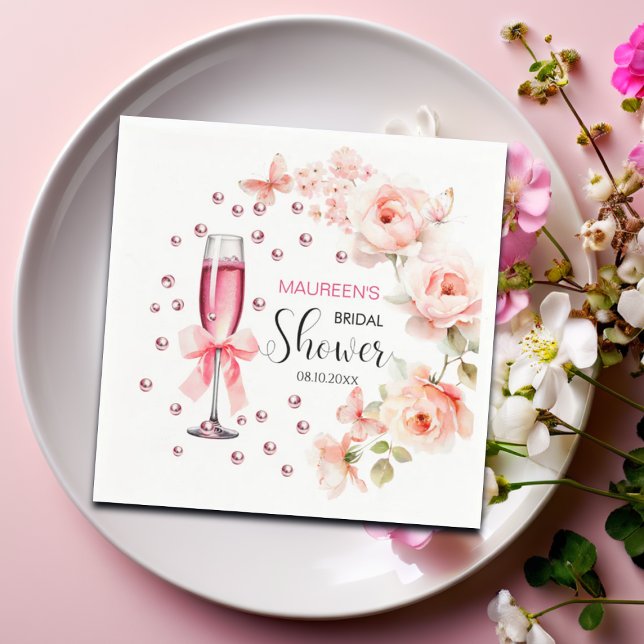Pärlor och Prosecco Dammrosa Rosor Bröllopsdusch Pappersservett (Skapare uppladdad)
