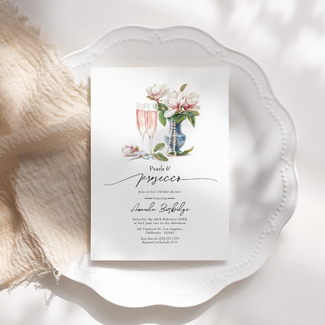 Pärlor och Prosecco Elegant Bröllopsfest Inbjudningar (Pearls and Prosecco Elegant Bridal Shower Invitation)