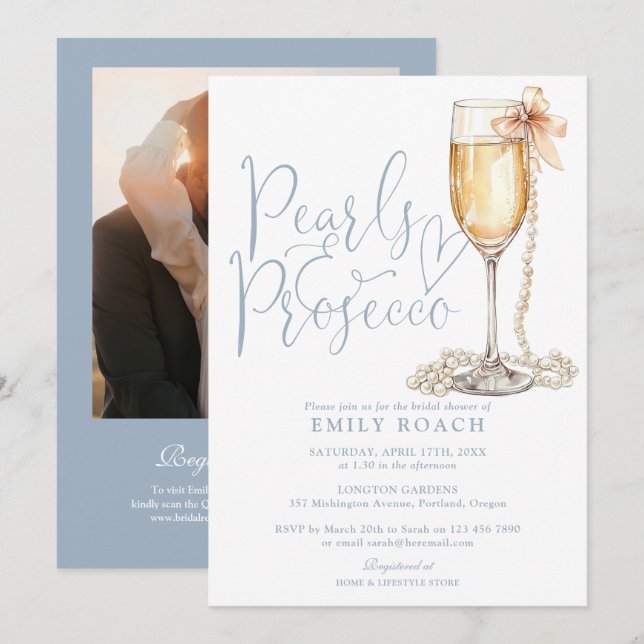 Pärlor och Prosecco Foto QR-kod Bröllopsfest för b Inbjudningar (Fram/baksida)