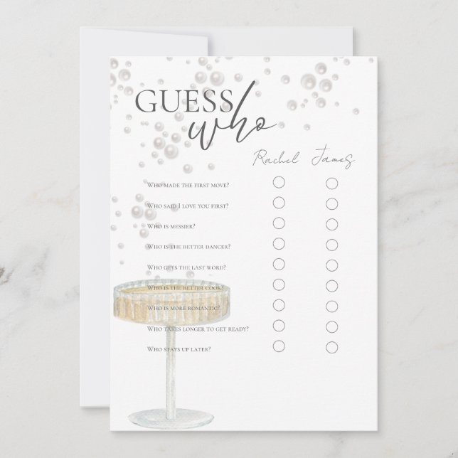 Pärlor och Prosecco Gissa Vem Bröllopsduschspel Inbjudningar (Framsida)