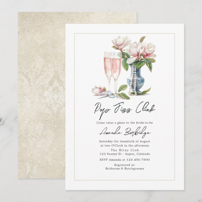 Pärlor och Prosecco Pop Fizz Klirrar Bröllopsfest Inbjudningar (Fram/baksida)
