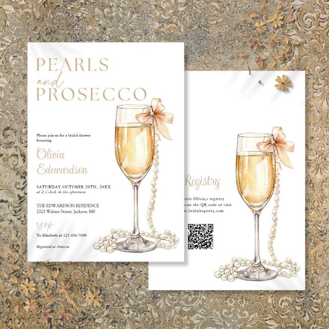 Pärlor Och Prosecco QR-kod Bröllopsfest Inbjudningar (Pearls And Prosecco QR Code Bridal Shower Invitation)