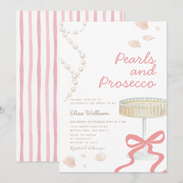 Pärlor och Prosecco Rosa Coquette Bröllopsfest  Inbjudningar (Fram/baksida)