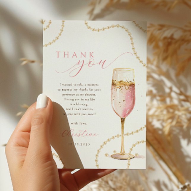 Pärlor och Prosecco Rosa Guld Bröllopsdusch Tack Kort (Skapare uppladdad)