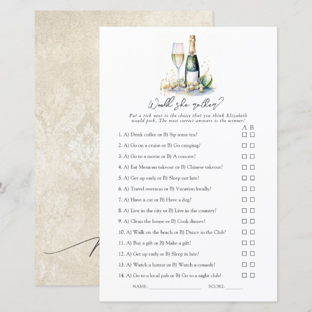 Pärlor och Prosecco, skulle hon hellre? Bröllopssp (Fram/baksida)