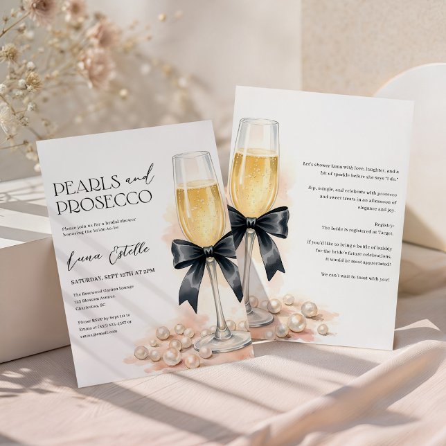 Pärlor och Prosecco Svart Båge Bröllopsfest Inbjudningar (Skapare uppladdad)