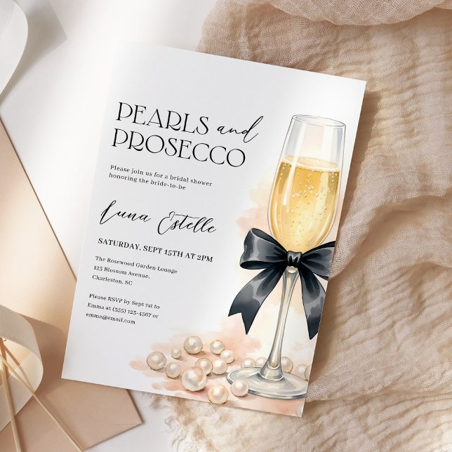 Pärlor och Prosecco Svart Båge Bröllopsfest Inbjudningar (Skapare uppladdad)