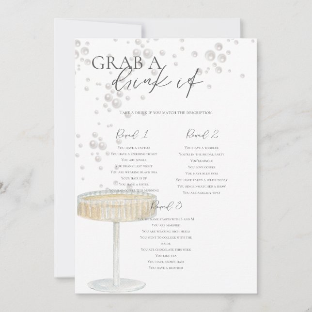 Pärlor och Prosecco Ta en Drink Bröllopsspel Inbjudningar (Framsida)