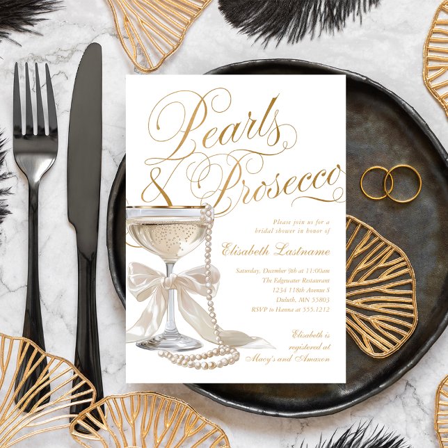 Pärlor och Prosecco Vit Båge Bröllopsdusch Inbjudningar (Elegant Pearls & Prosecco White Bow Bridal Shower Invitation)
