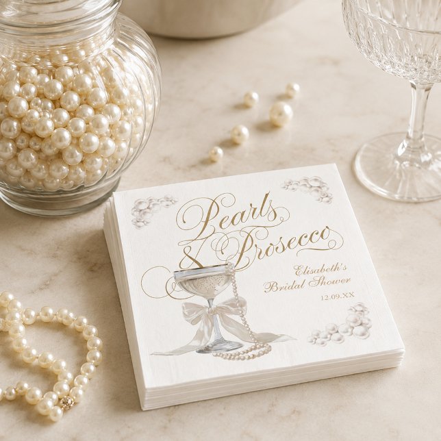 Pärlor och Prosecco Vit Båge Bröllopsdusch Pappersservett (Pearls and Prosecco White Bow Bridal Shower Napkins)