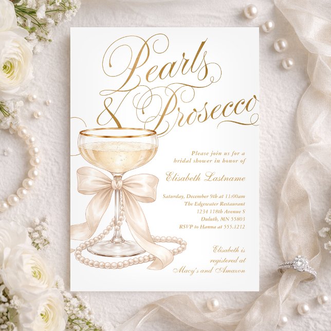 Pärlor och Prosecco Vit Band Bröllopsdusch Inbjudningar (Pearls and Prosecco White Bow Bridal Shower Invitation)