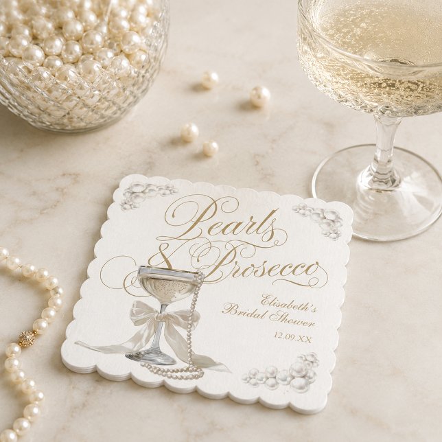Pärlor och Prosecco Vit Bow Bröllopsdusch Underlägg Papper (Pearls and Prosecco White Bow Bridal Shower Paper Coaster)