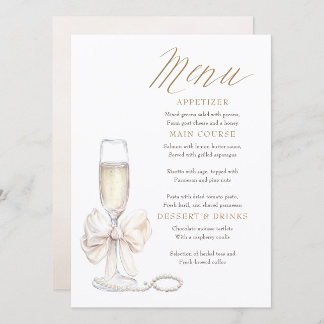 Pärlor och Prosecco Whimsical Chic Meny Kort (Fram/baksida)