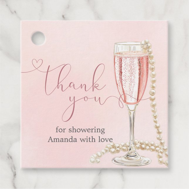 Pärlor och Rosa Prosecco Bröllopsfest  Gåvor Etiketter (Framsida)