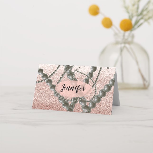 Pärlor och roséguld falskt glitter platskort placeringskort (Framsida)