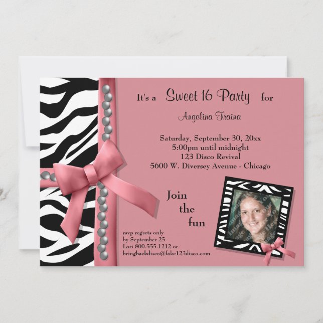 Pärlor och rosor med zebra ränderpartyinbjudan inbjudningar (Framsida)
