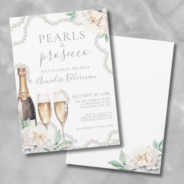 Pärlor & Prosecco Blommig Bröllopsdusch Inbjudningar (Pearls & Prosecco Floral Bridal Shower Invitation)
