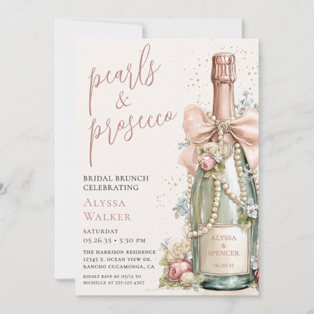 Pärlor & Prosecco Bröllopsbrunch Inbjudningar (Framsida)
