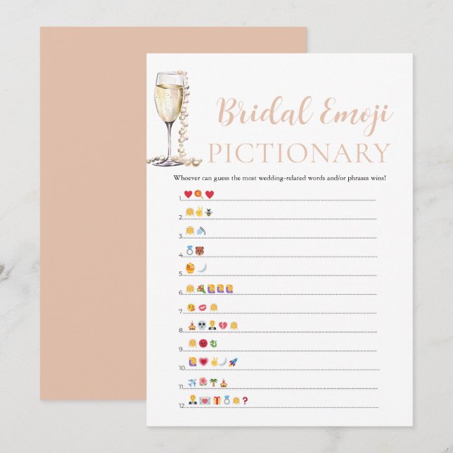 Pärlor & Prosecco Bröllopsdusch Emoji Pictionary Inbjudningar (Fram/baksida)