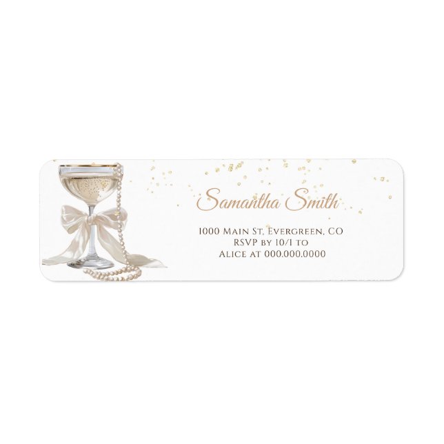 Pärlor & Prosecco Bröllopsdusch Returadress Etikett (Framsidan)