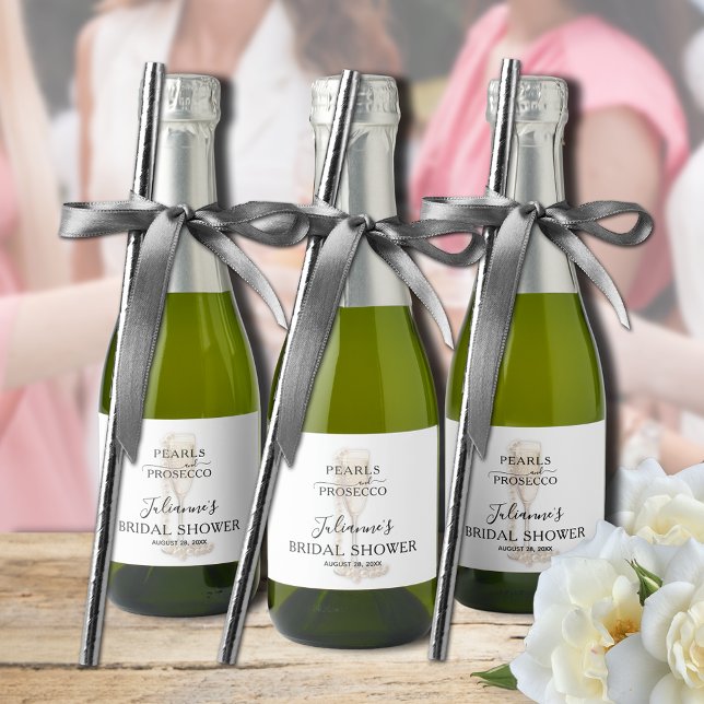 Pärlor & Prosecco Bröllopsdusch Tack (Pearls & Prosecco bridal shower thank you personalized mini champagne bottle labels)